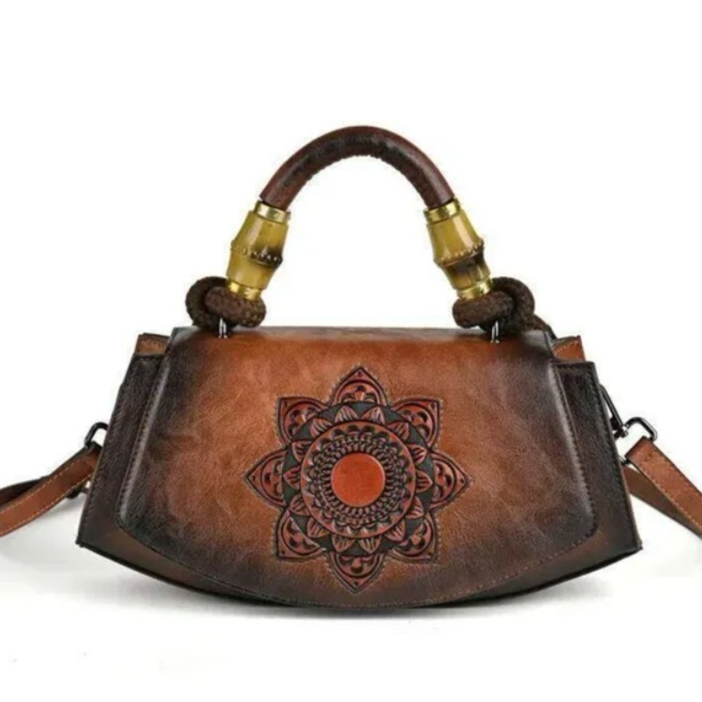 Vintage Embossed “Brown” PU Leather Satchel w/Bamboo Style Handles (NWOT)